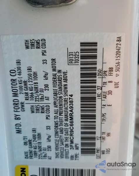 2021 Ford Bronco Sport Outer Banks z USA, uszkodzony, nr VIN 3FMCR9C66MRA93874